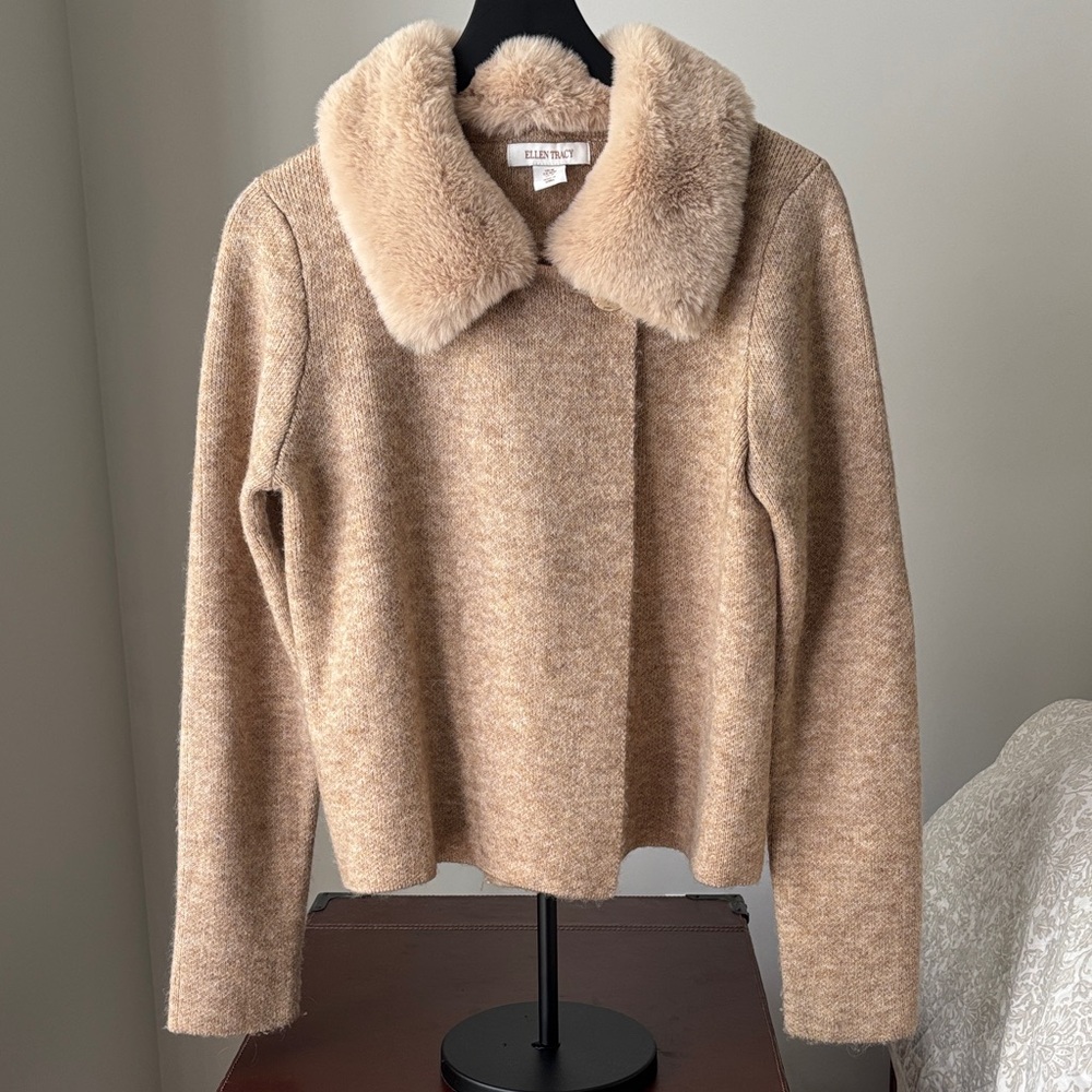 Ellen Tracy Tan Sweater Jacket with Faux Fur Collar